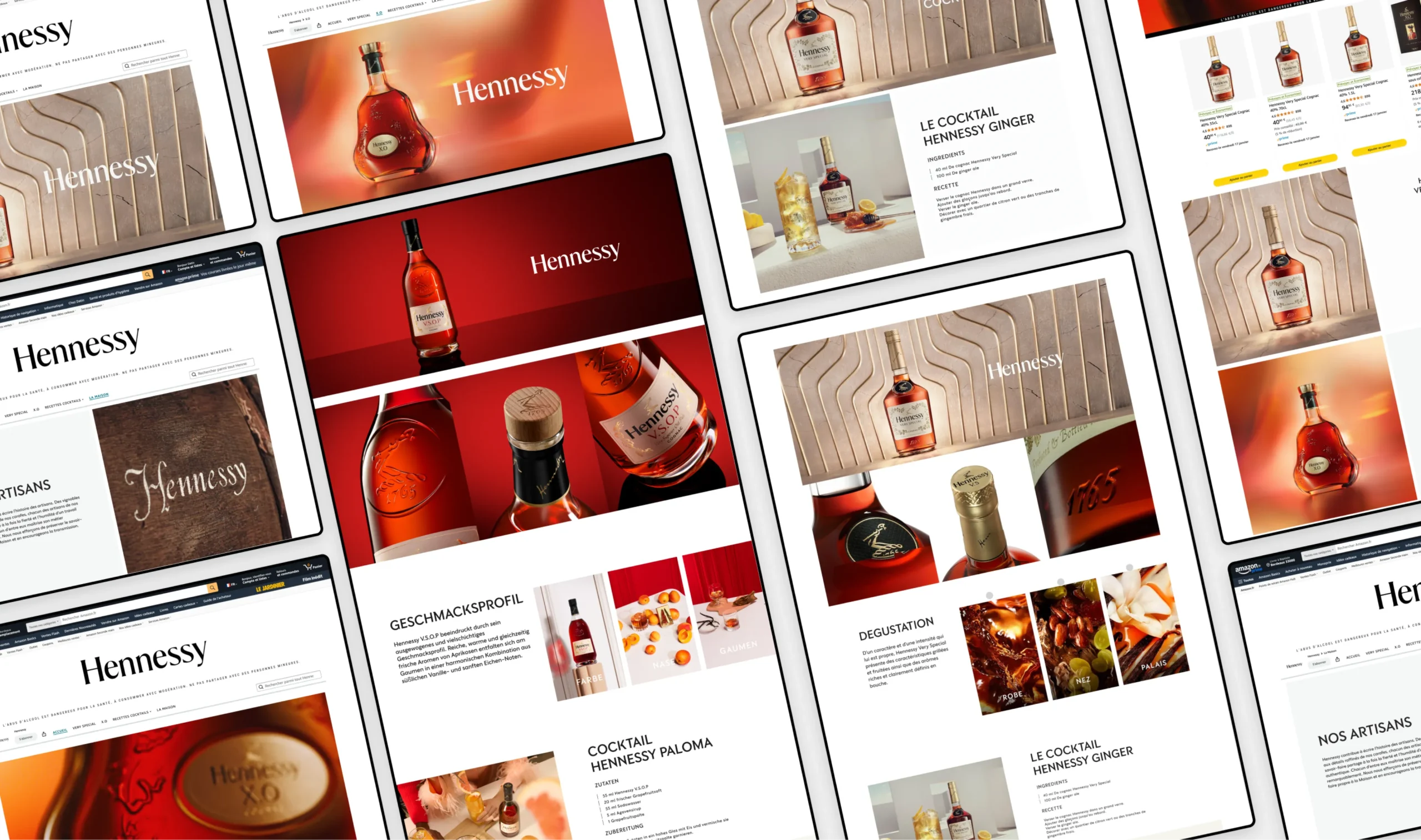 Superchouette- Plusieurs pages web affichées dans une grille, présentant la marque Hennessy et des images de bouteilles de cognac Hennessy, de cocktails et de notes de dégustation, disposées sur différents arrière-plans avec du texte dans différentes langues.