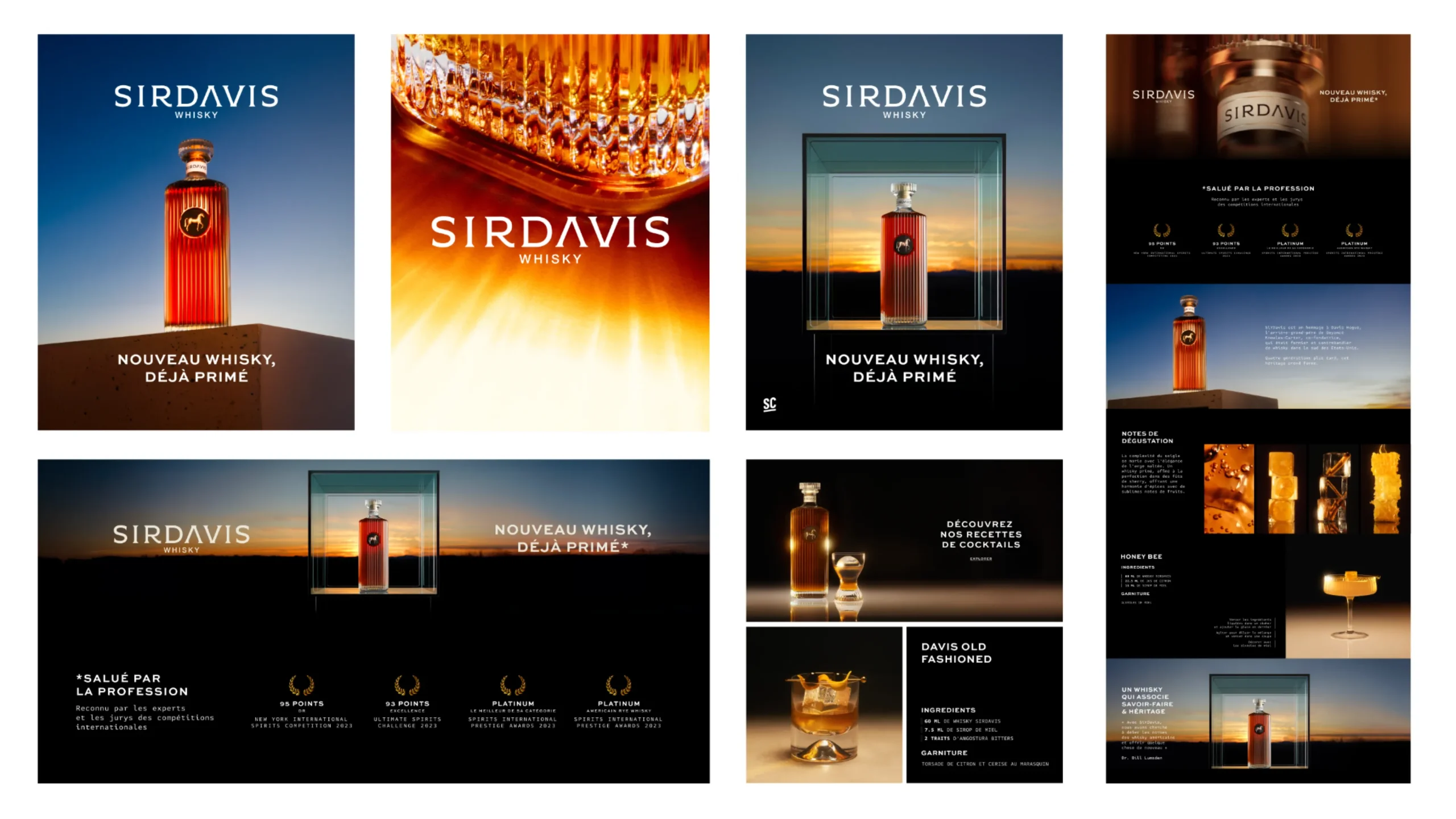 Superchouette- Collage d'images promotionnelles pour le whisky SIRDAVIS comprenant des bouteilles, des verres, des reflets dorés, des textes en français et des récompenses. Chaque section présente d'élégantes vitrines de produits et des recettes de cocktails.