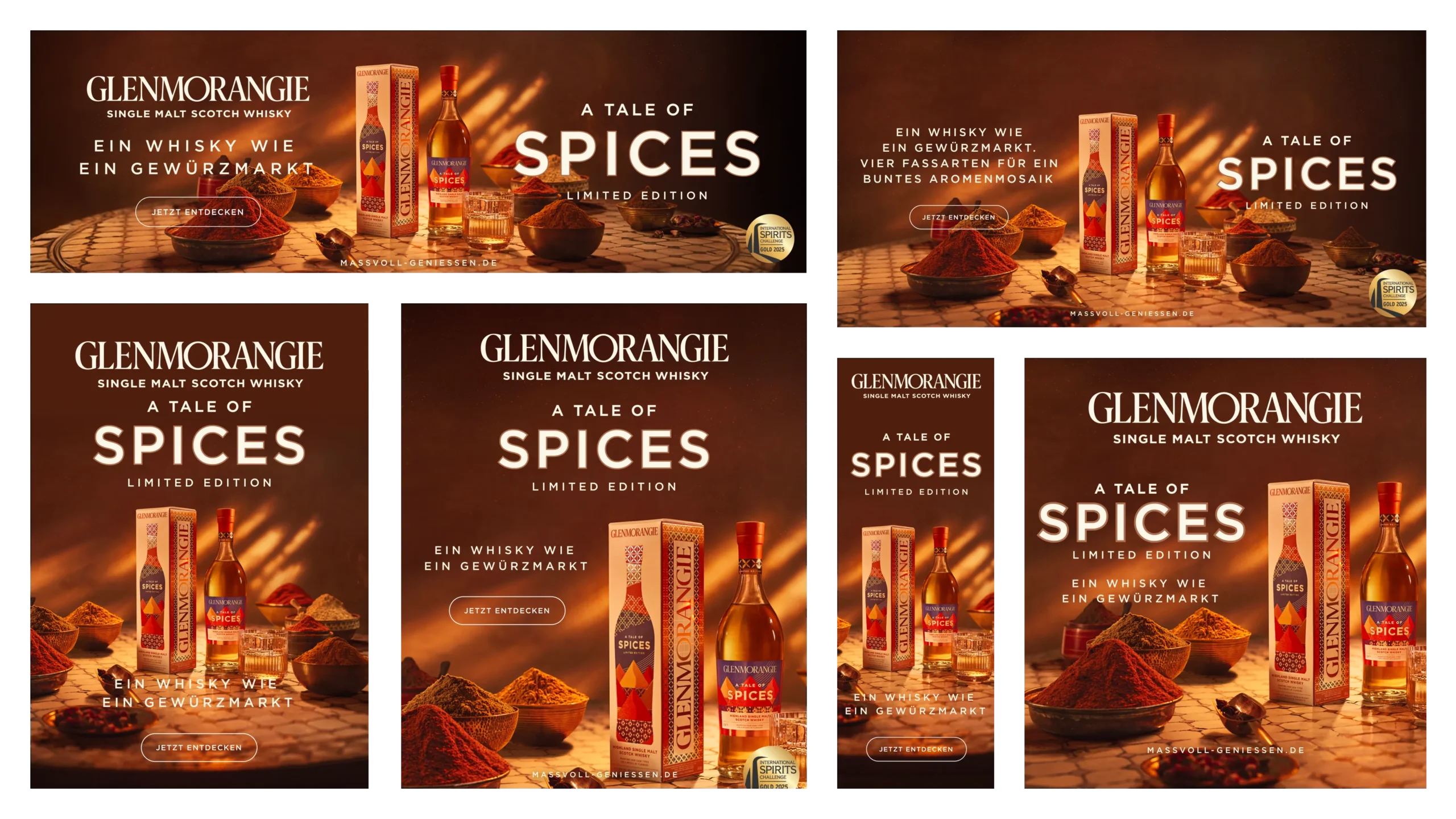 Superchouette- Six publicités pour le whisky Glenmorangie présentent des bouteilles et des verres de whisky, entourés de diverses épices sur un fond brun chaud. Le texte indique "A Tale of Spices Limited Edition" en anglais et en allemand.