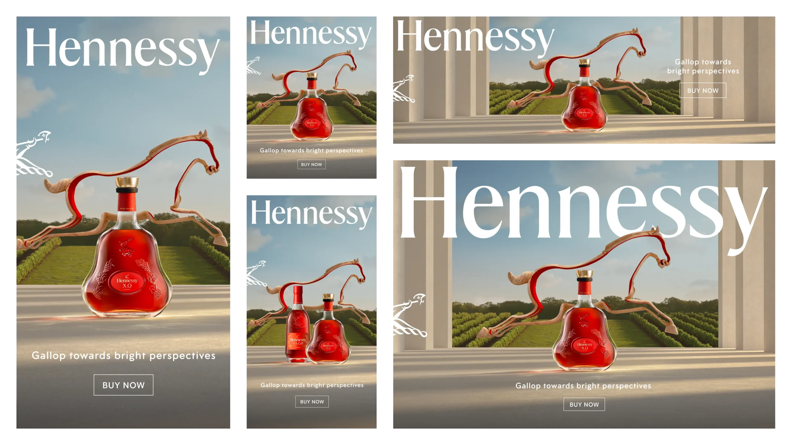 Superchouette- Une bouteille rouge de Hennessy est posée sur un rebord, avec une sculpture de cheval stylisé à côté et une vue panoramique d'un vignoble à l'arrière-plan. Le texte se lit comme suit : "Hennessy. Galopez vers de brillantes perspectives. BUY NOW".