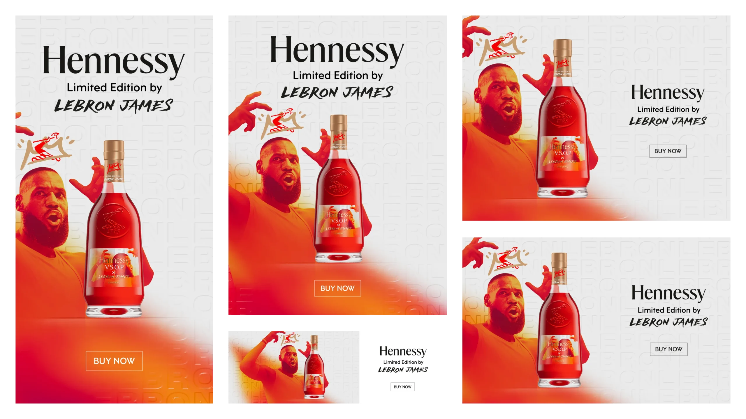 Superchouette- Collage de publicités promotionnelles Hennessy Limited Edition by LeBron James, comprenant une bouteille à l'effigie de LeBron, sa main tendue vers le haut, et un arrière-plan en dégradé orange. Des boutons "Acheter maintenant" sont visibles sur chaque variante de la publicité.