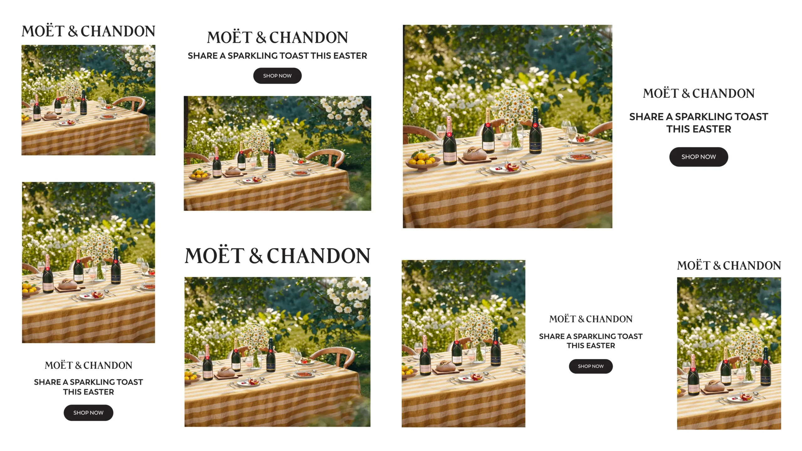 Superchouette- Une table de pique-nique en plein air avec une nappe à carreaux, des bouteilles de champagne, des verres et des fruits, entourée d'arbres en fleurs. Le texte se lit comme suit : "MOËT & CHANDON : "MOËT & CHANDON - Portez un toast pétillant à Pâques. Acheter maintenant".