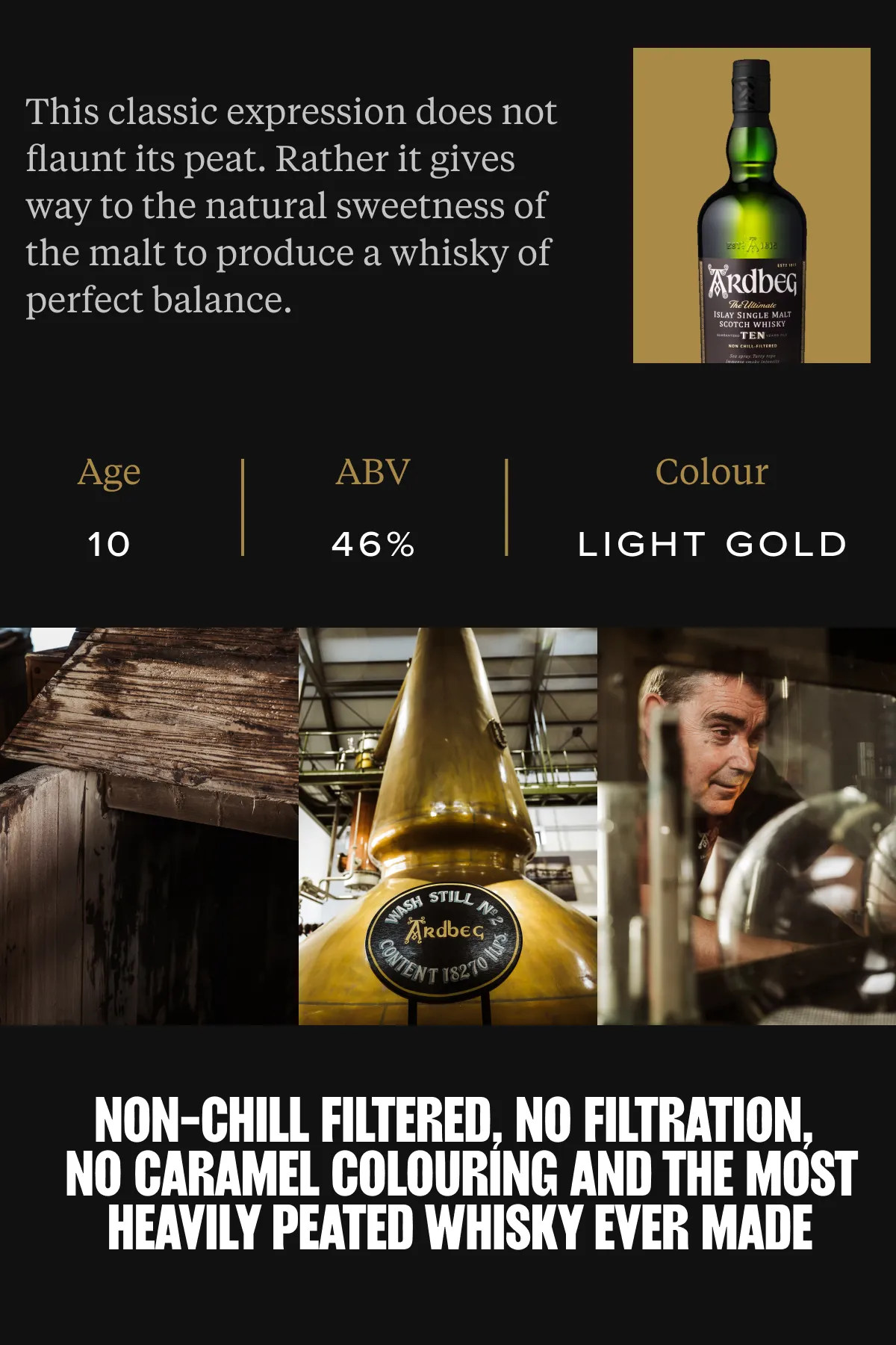 Superchouette- Image promotionnelle pour le whisky Ardbeg, montrant une bouteille, des notes de dégustation (âge 10, ABV 46%, couleur or clair), l'équipement de la distillerie, un homme inspectant le whisky, et un texte en gras soulignant sa forte teneur en tourbe et l'absence de filtrage par le froid.