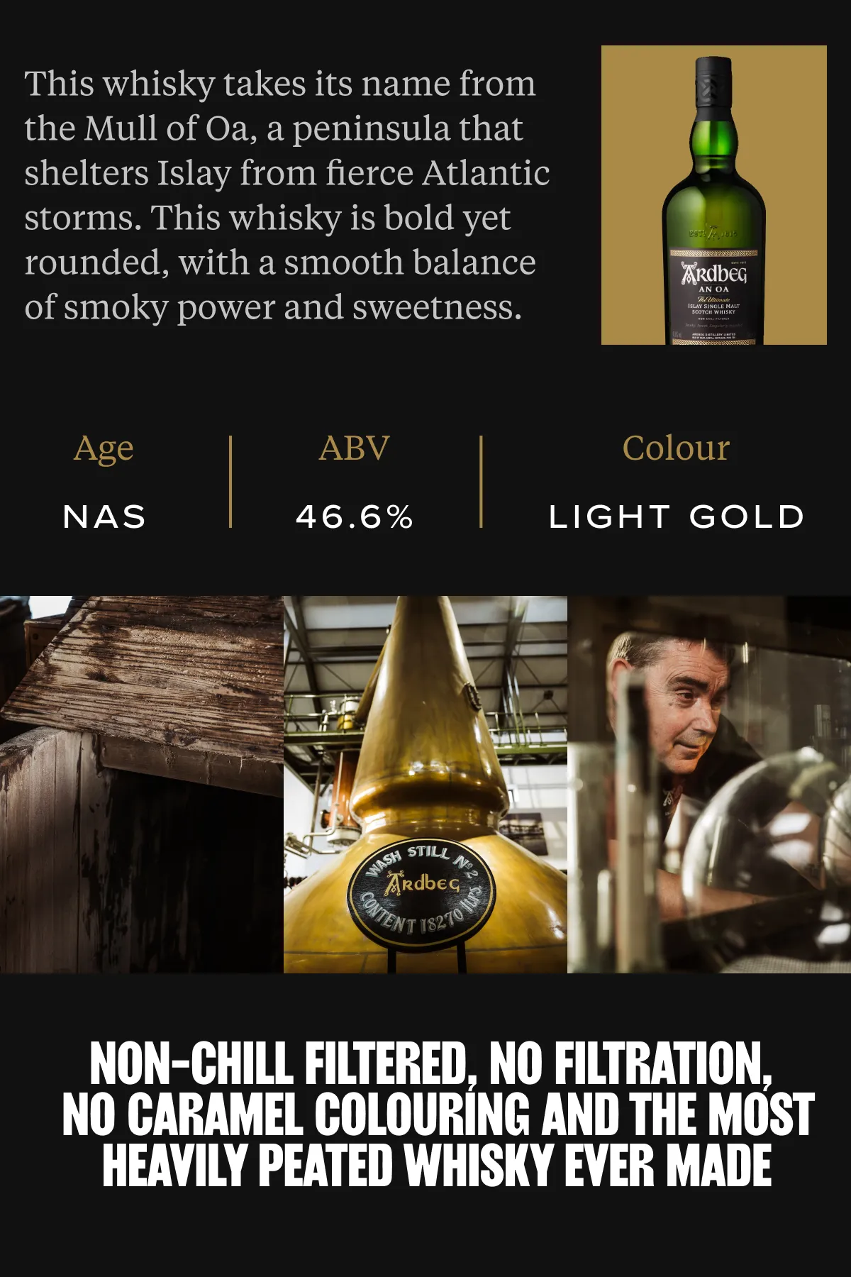 Superchouette- Une bouteille de whisky Ardbeg avec des notes de dégustation, un titre alcoométrique de 46,6 %, une couleur or clair, des photos de la distillerie et un texte en gras indiquant qu'il n'est pas filtré à froid, qu'il est fortement tourbé et qu'il ne contient pas de colorant caramel.