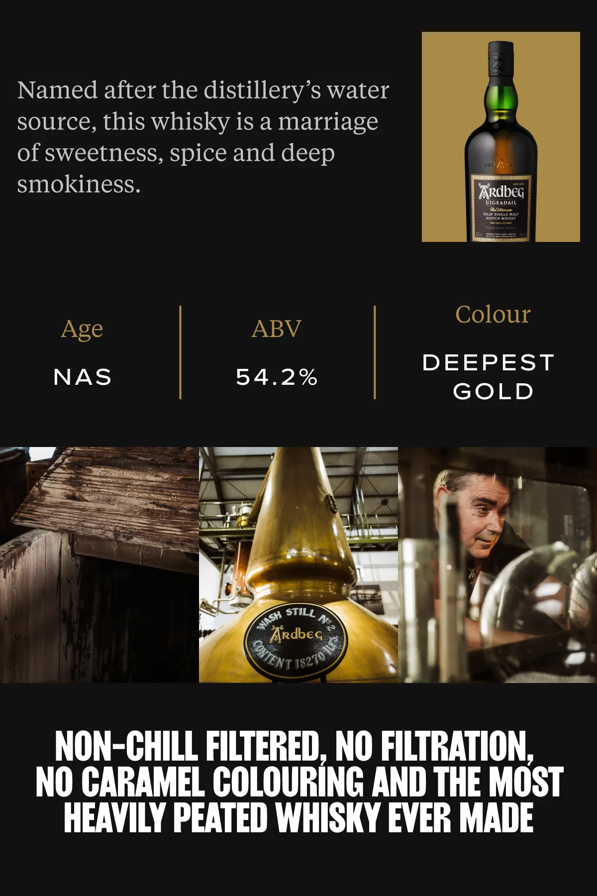 Superchouette- Une bouteille de whisky avec un texte descriptif, des statistiques (âge NAS, 54,2% ABV, couleur or foncé), des images de l'équipement de distillation et d'un distillateur, et un texte en gras sur la filtration sans réfrigération et la teneur élevée en tourbe.