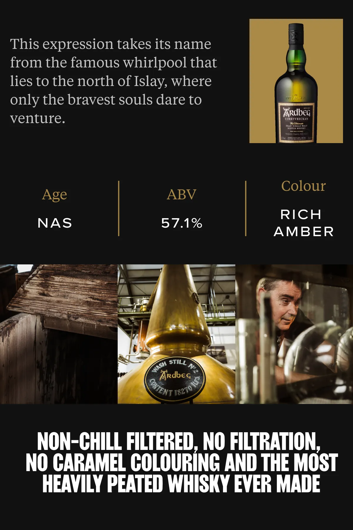 Superchouette- Une bouteille de whisky Ardbeg avec des notes de dégustation ; des images montrent une distillerie, un alambic en cuivre et des ouvriers. Le texte met en évidence la forte teneur en tourbe, le taux d'alcool élevé, la riche couleur ambrée et les méthodes traditionnelles de filtration sans réfrigération.