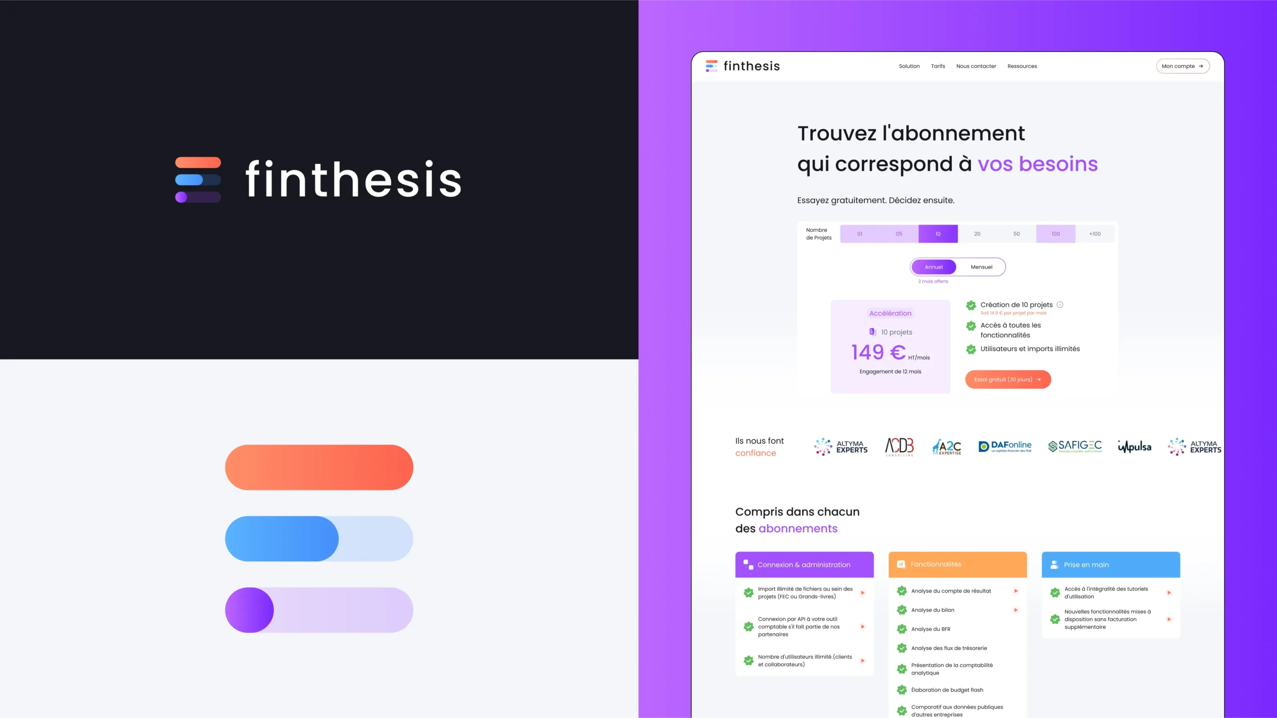 Superchouette- Capture d'écran du site web de Synthesis montrant son logo, des barres colorées et une page de tarification pour des plans d'abonnement en français. Les plans énumèrent les caractéristiques et les prix dans une interface utilisateur propre et moderne avec une palette de couleurs violettes.