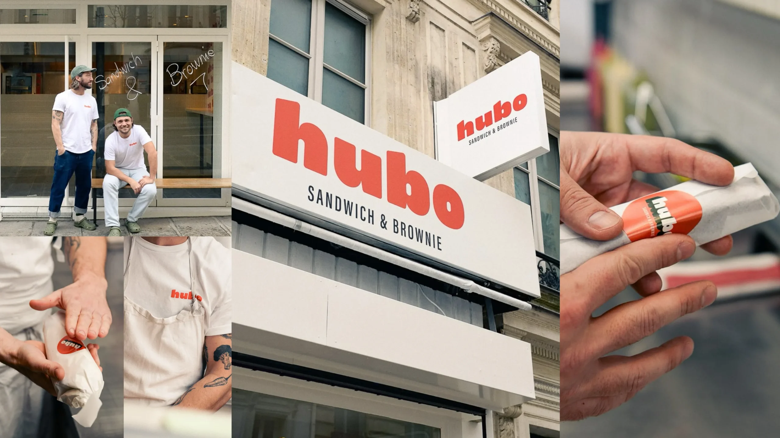 Superchouette- Un collage montre deux hommes posant devant "Hubo Sandwich & Brownie", l'enseigne du magasin, des gros plans d'emballages de marque et un t-shirt avec le logo "hubo" en orange sur fond blanc.