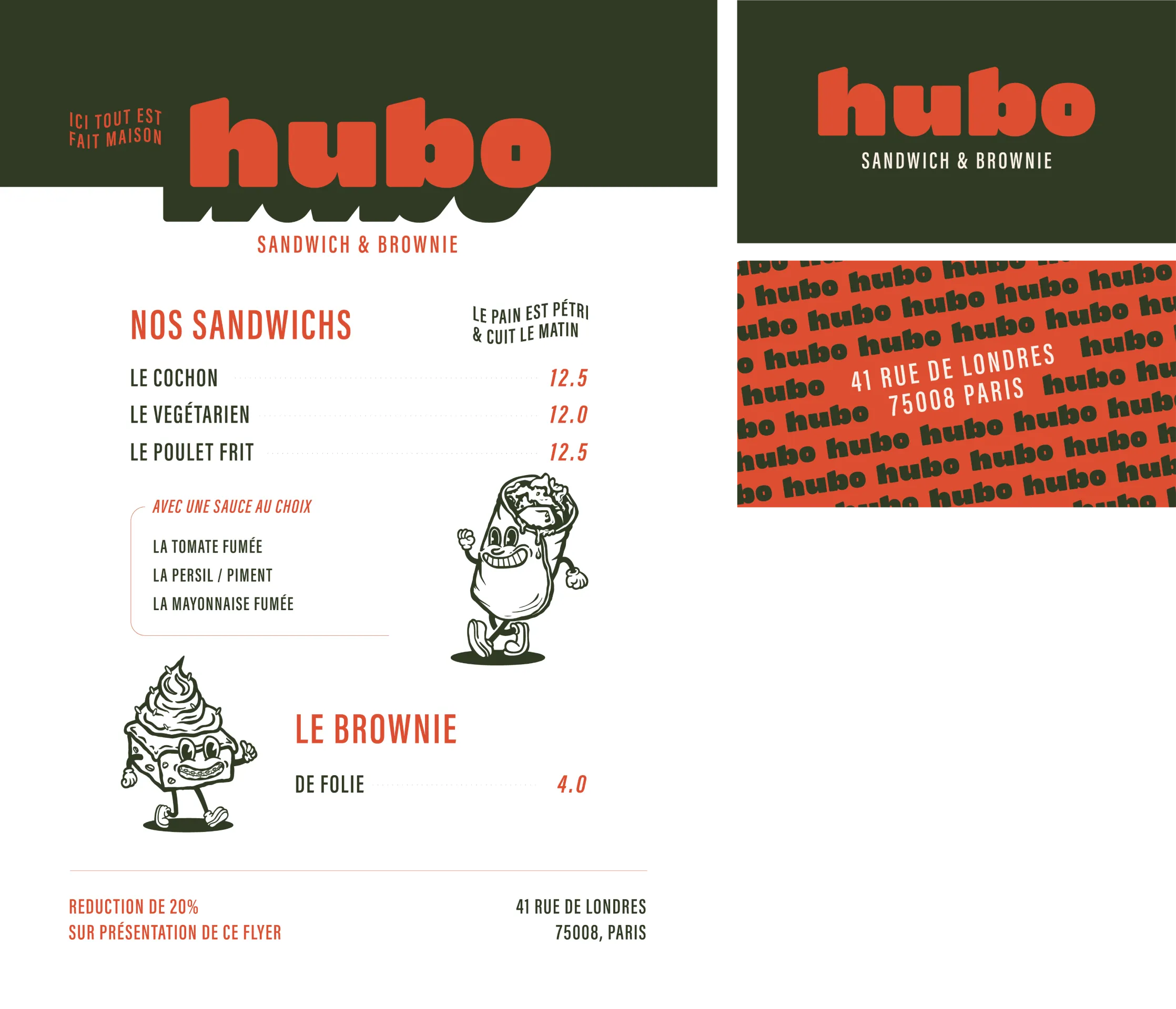 Superchouette- Menu de la sandwicherie et brownie Hubo. Elle énumère trois sandwichs et un brownie, présente des personnages de dessins animés et affiche l'adresse 41 Rue de Londres, 75008 Paris sur un fond vert et orange.