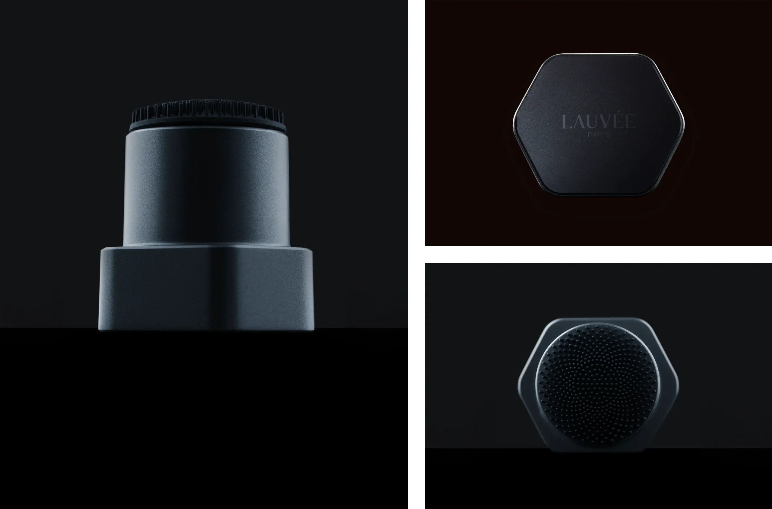 Superchouette- À gauche, un objet métallique cylindrique et élégant est présenté sur un fond sombre ; à droite, deux gros plans - un couvercle hexagonal étiqueté LAUVÉE PARIS et une base hexagonale texturée, le tout sous un éclairage de studio sombre.