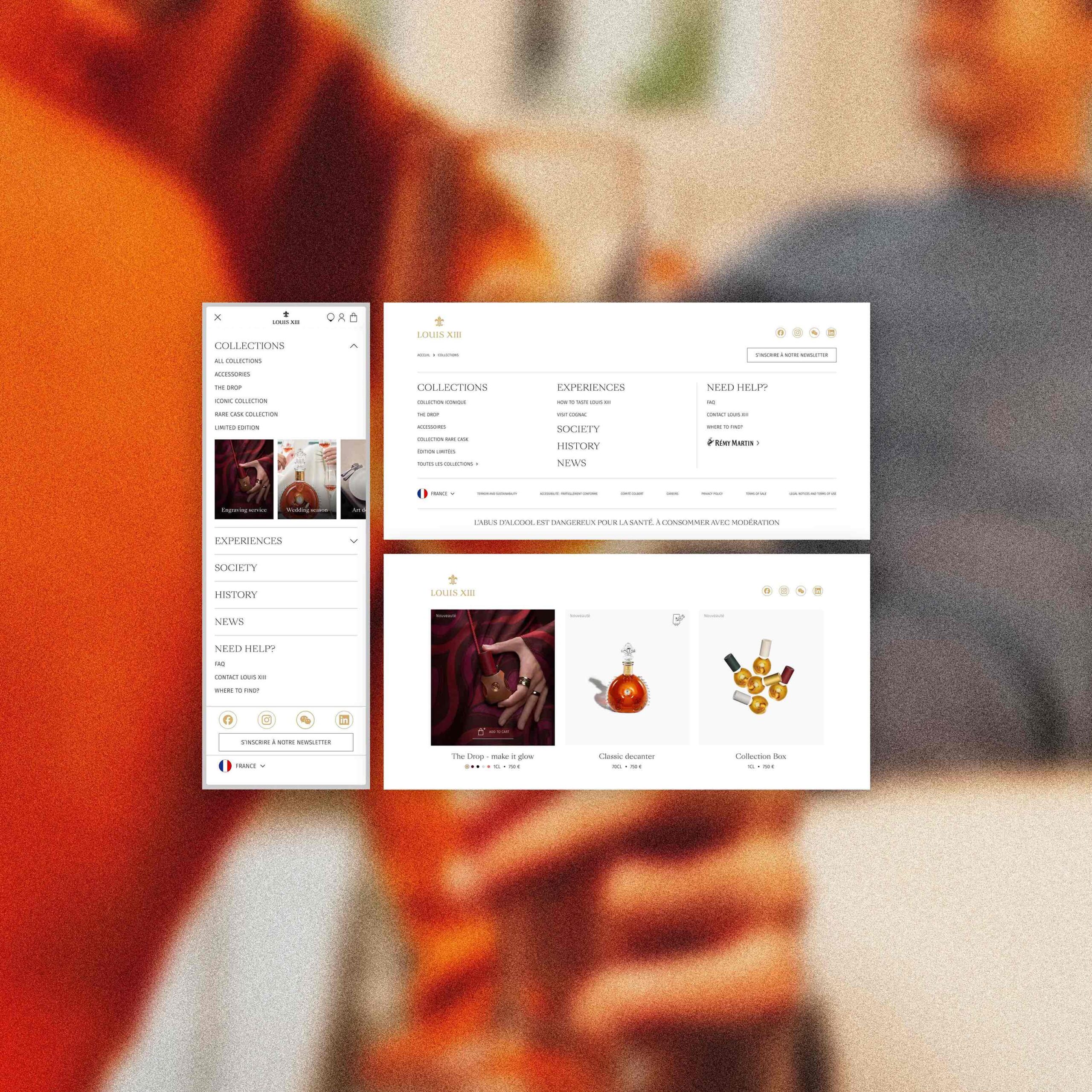 Superchouette- Un arrière-plan flou montre une personne tenant un verre, et trois captures d'écran nettes du site web sont superposées, présentant des collections de produits, des expériences et des images d'articles de luxe dans une mise en page propre et moderne.