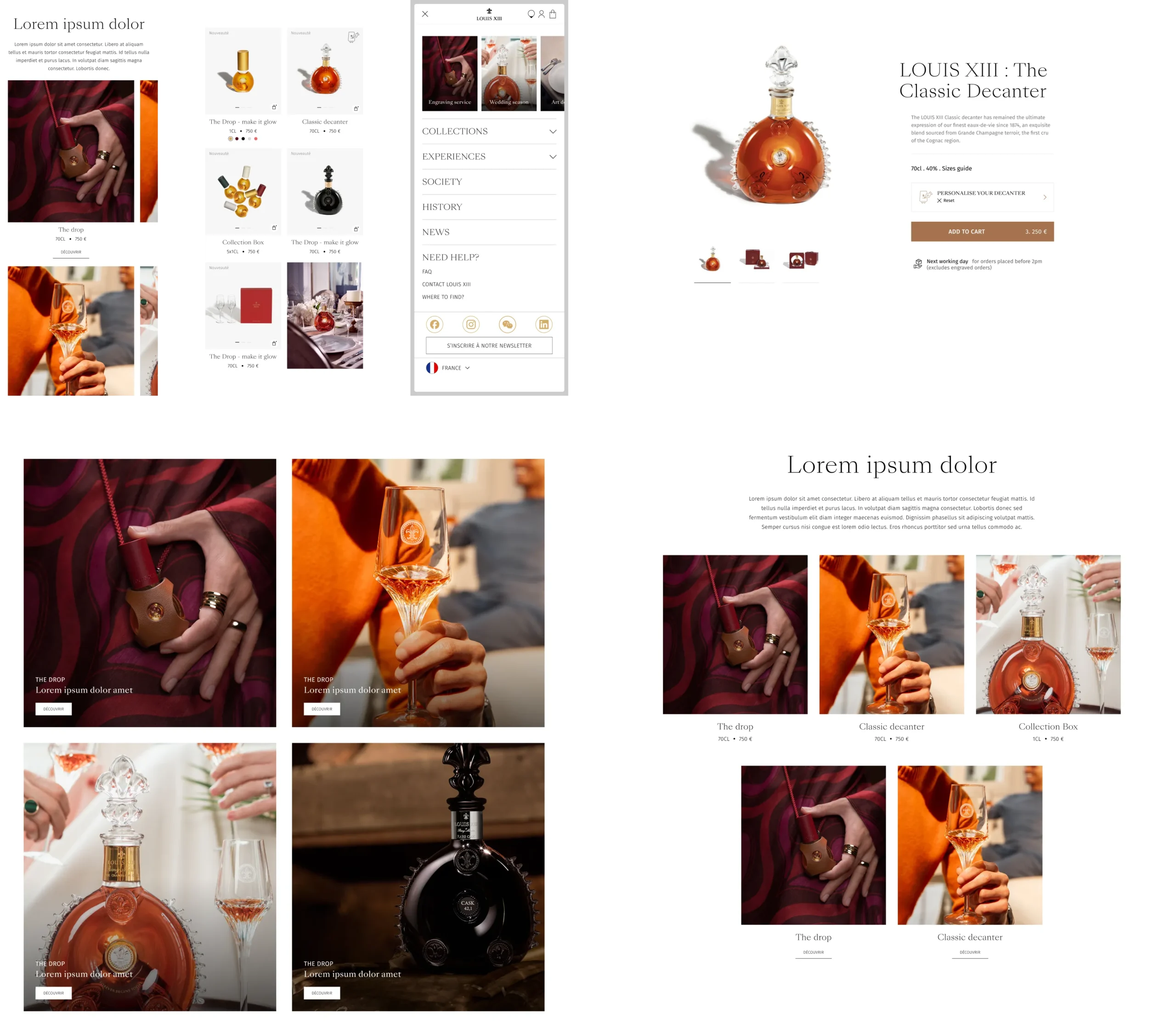 Superchouette- Un collage de maquettes de sites web de spiritueux de luxe montre des pages de produits, un menu déroulant de collection, des gros plans d'une carafe, de verres et de mains les tenant, le tout dans un cadre raffiné aux riches tons rouges et dorés.