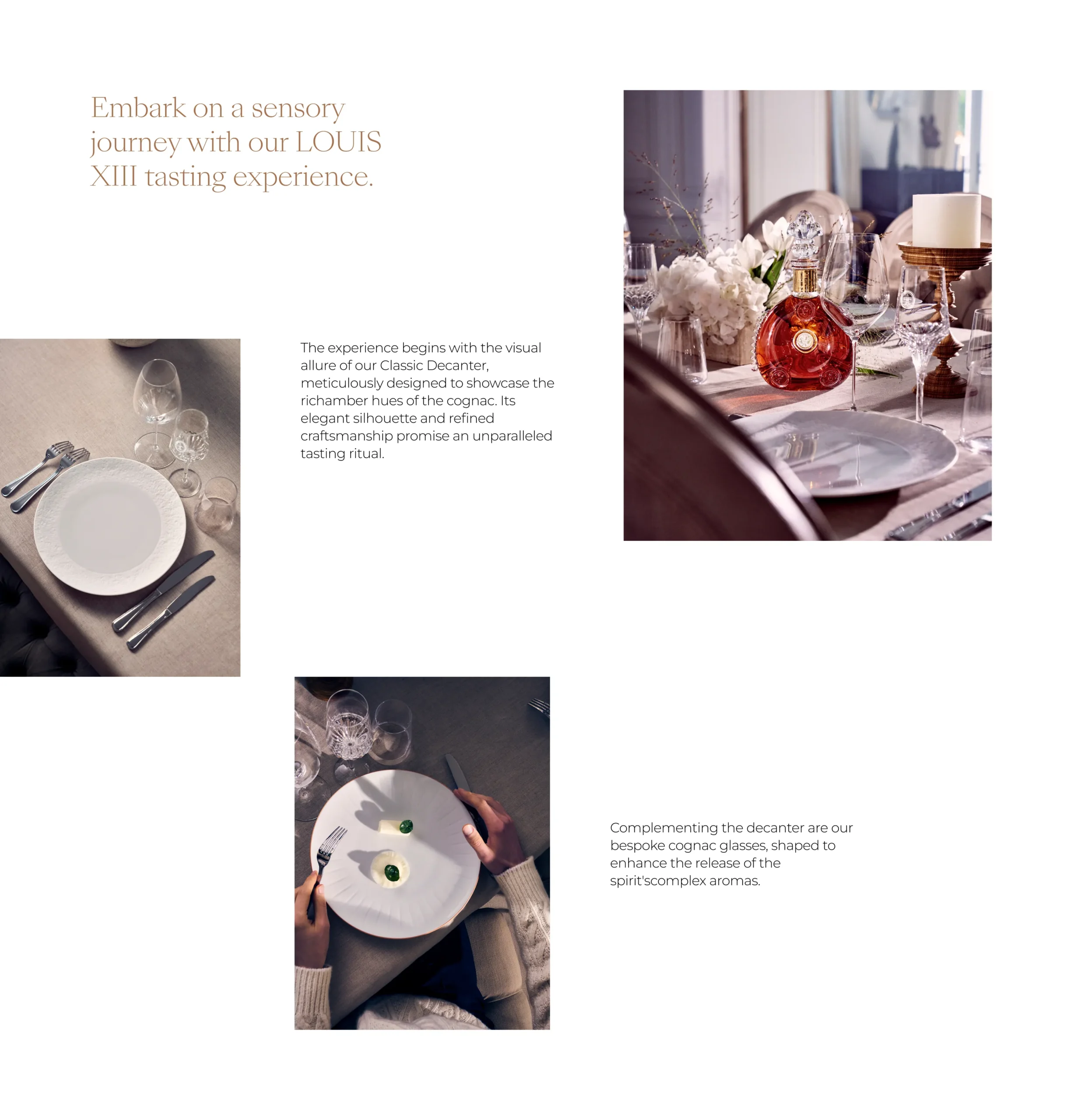 Superchouette- Une luxueuse table de salle à manger dressée avec de la vaisselle élégante, des fleurs et une carafe à cognac LOUIS XIII. A proximité, une personne est assise à une table avec un plat, prête pour une dégustation gastronomique.