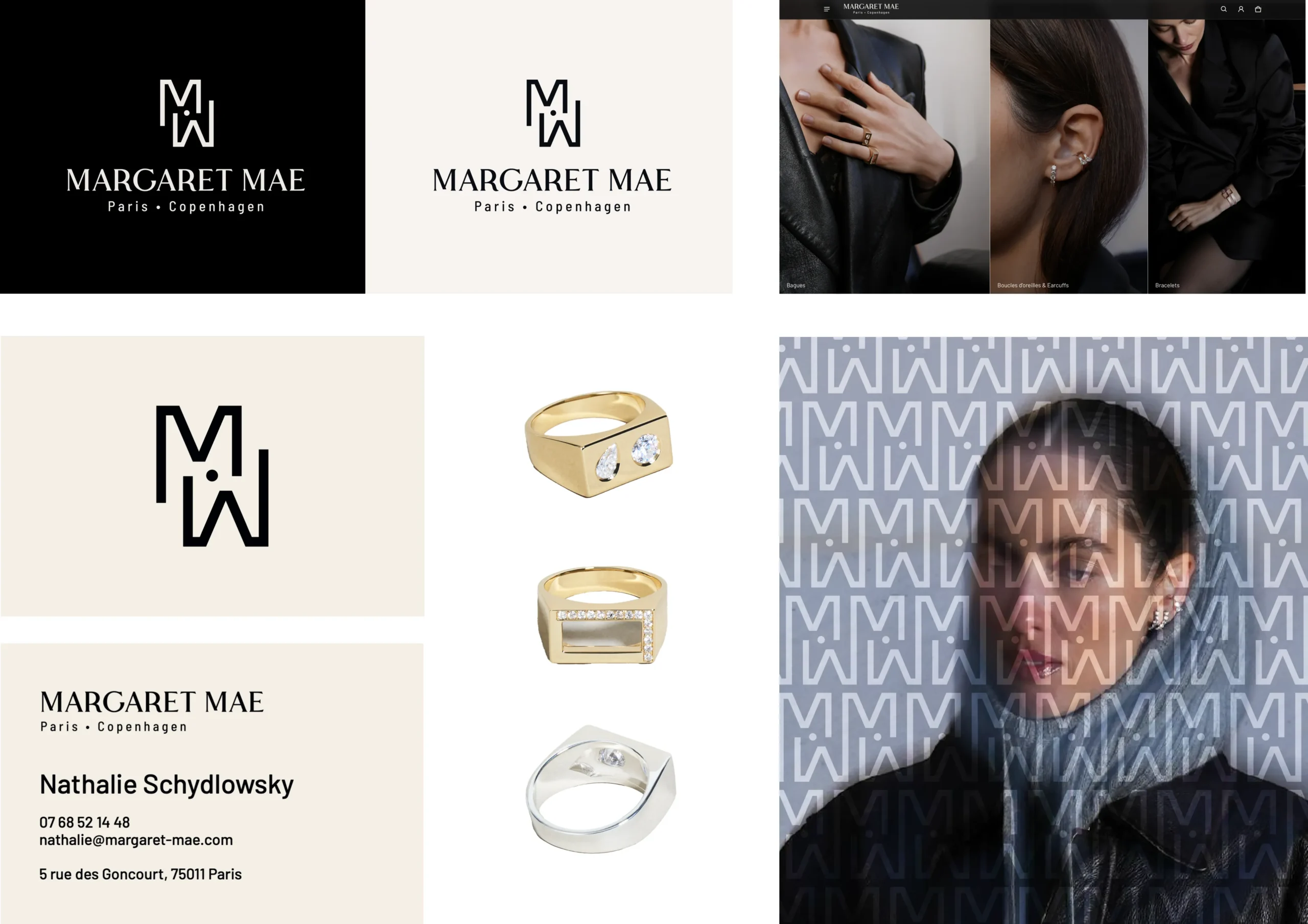 Superchouette- Tableau de marque pour les bijoux Margaret Mae montrant des variations du logo, des bagues en or et en argent, une carte de visite, des bijoux portés sur les mains et un portrait de femme superposé au monogramme "MW" de Margaret Mae.