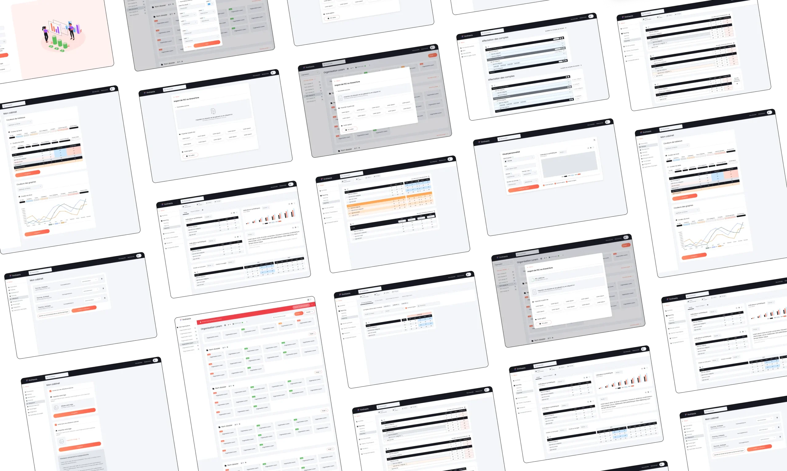 Superchouette- Une grille de maquettes d'écran d'ordinateur se chevauchant et montrant divers tableaux de bord, tableaux de données, graphiques et formulaires avec une interface utilisateur propre et moderne, principalement dans les tons blanc, gris, orange et noir, disposés en angle.