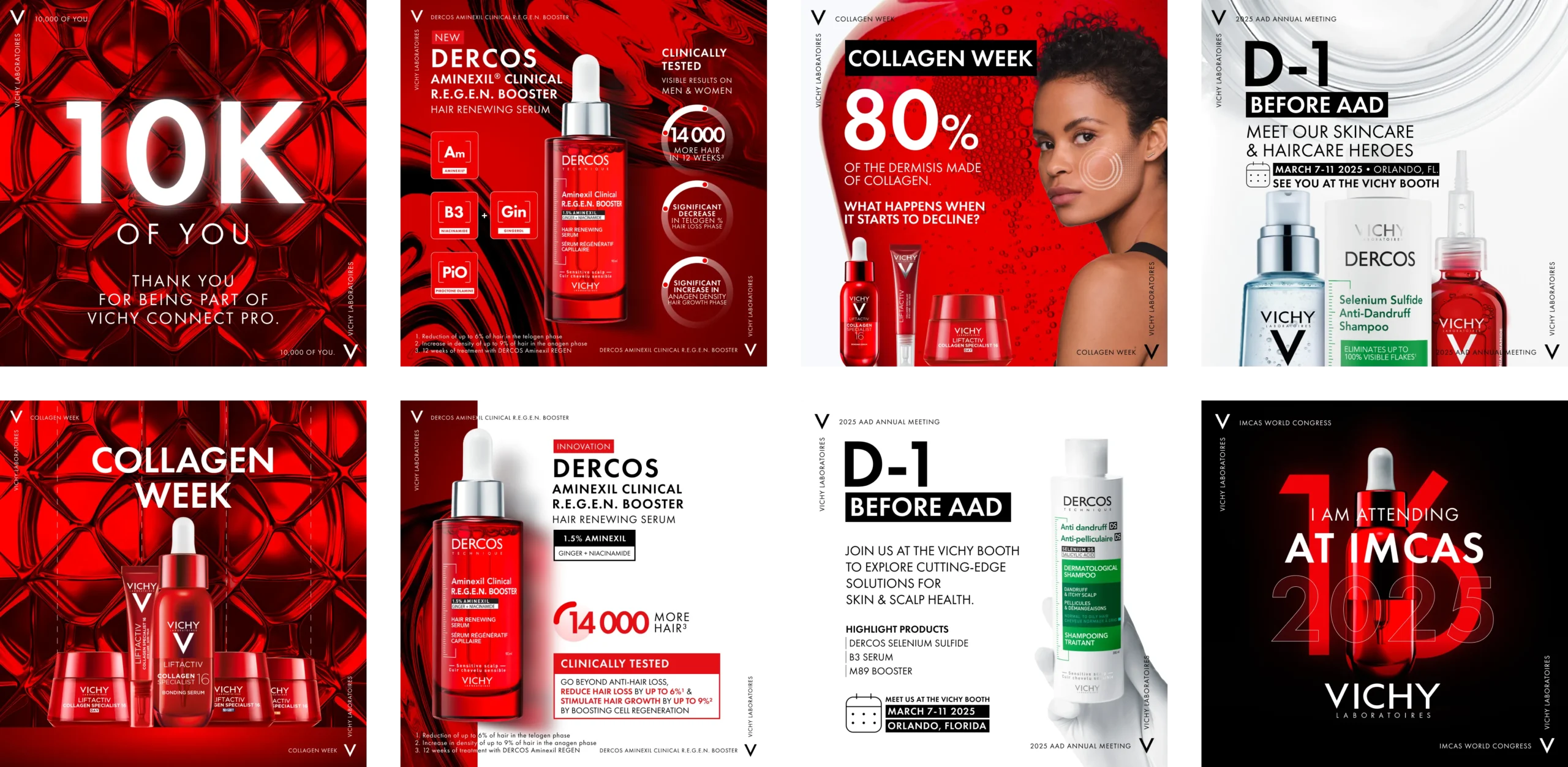 Superchouette- Collage de huit images promotionnelles pour les produits de soins de la peau Vichy, comprenant du texte en rouge et blanc, des flacons de produits, des statistiques et une femme aux cheveux bouclés sur des fonds rouges et blancs éclatants.