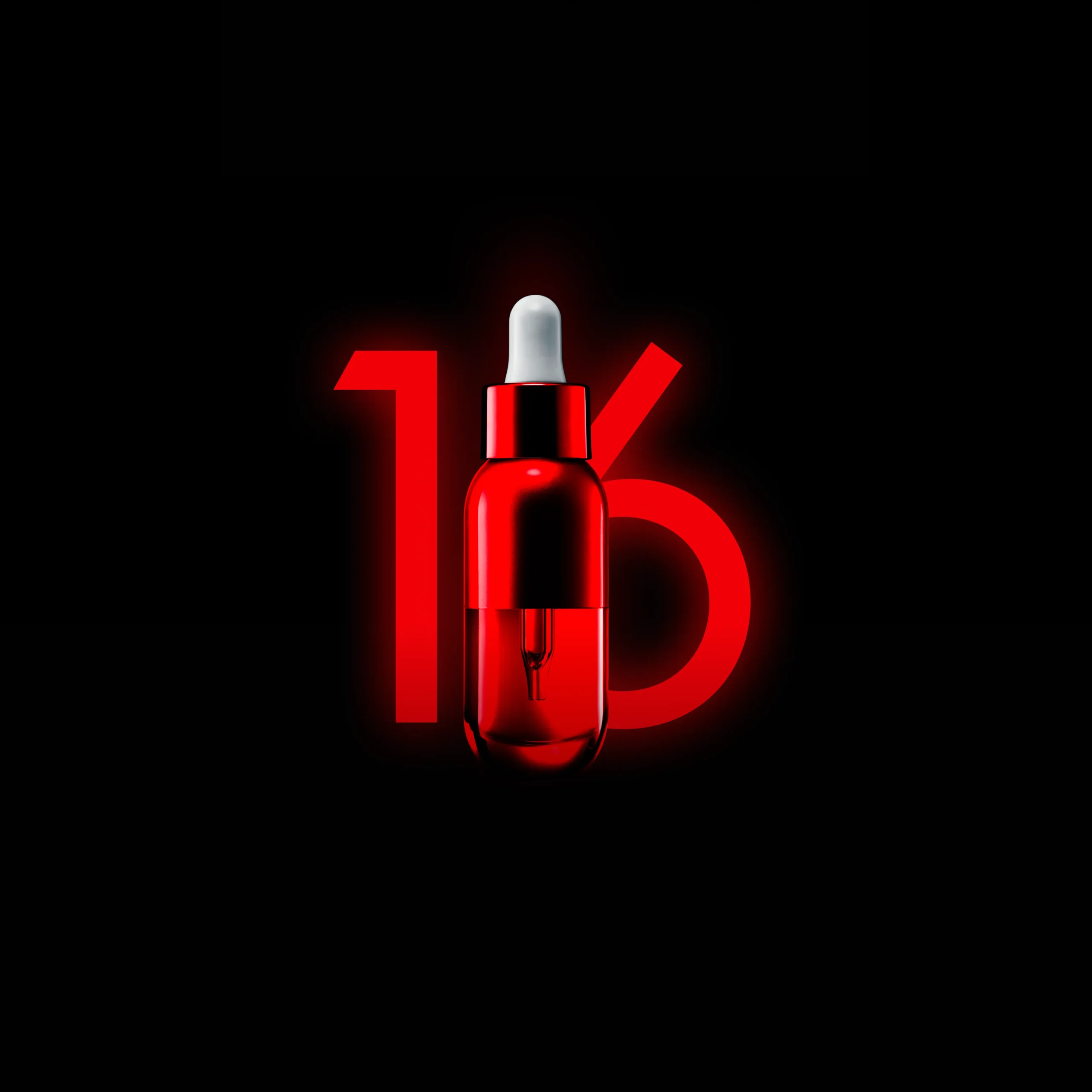 Superchouette- Un flacon compte-gouttes de sérum rouge est centré devant le chiffre 16 rougeoyant sur fond noir.