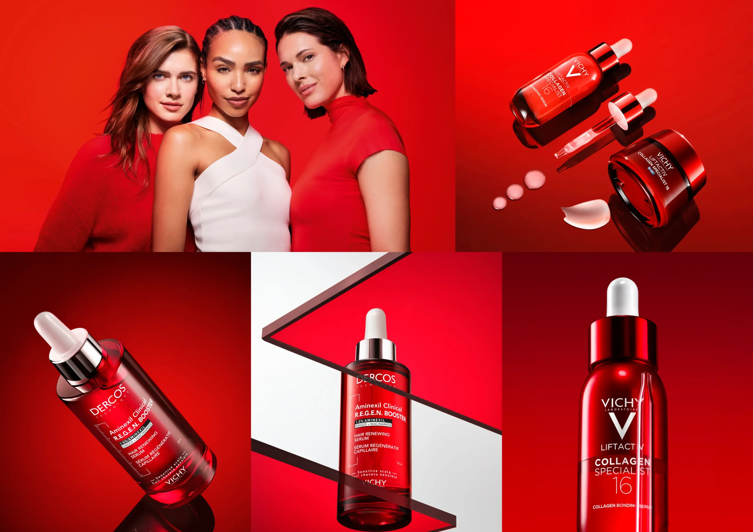 Superchouette- Trois femmes posent ensemble sur un fond rouge. L'image montre également des flacons et des compte-gouttes de produits de soin rouges, des gros plans de l'emballage de la marque Vichy et des échantillons de textures de produits, le tout disposé sur un fond rouge et blanc.