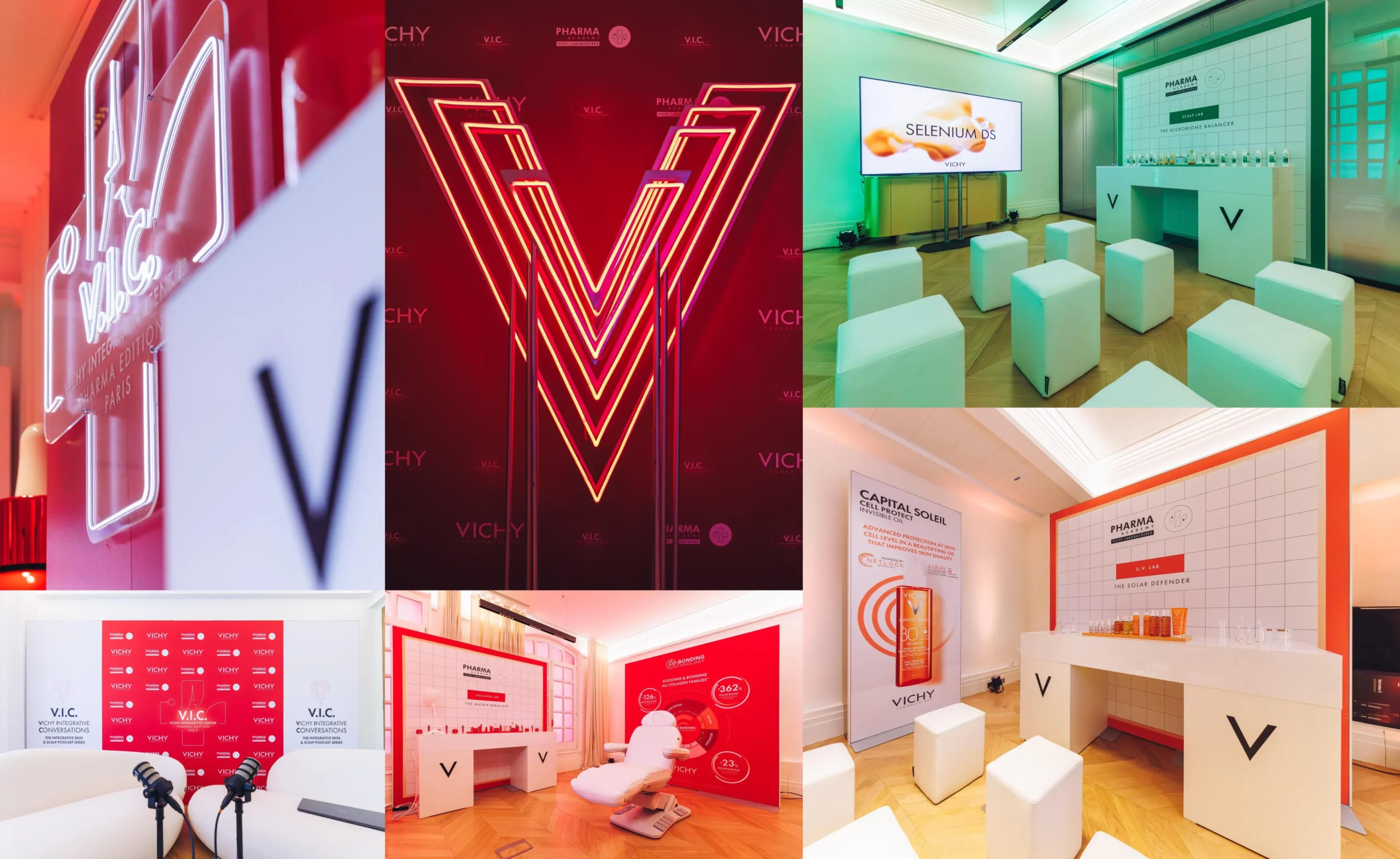 Superchouette- Un collage de photos de l'événement présentant la marque Vichy, des enseignes au néon, des sièges blancs, un comptoir d'exposition avec des produits, des microphones et un décor moderne et lumineux dans les tons rouge, orange et blanc.