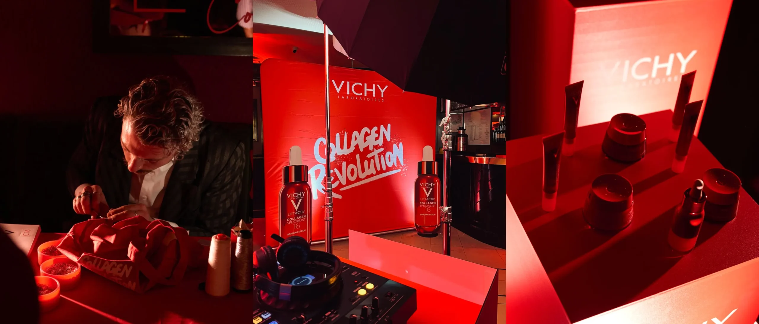 Superchouette- Un collage montre une personne en train de peindre à une table, un présentoir de produits Vichy Collagen Revolution avec un éclairage rouge vif, et plusieurs produits de soins de la peau Vichy disposés sur une étagère.